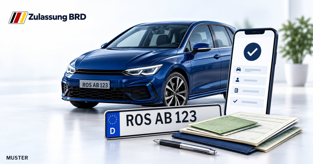 Online Fahrzeugzulassung in Rostock: Musterkennzeichen ROS AB 123, Auto und Fahrzeugpapiere und Smartphone. Illustration mit Logo von Zulassung BRD.
